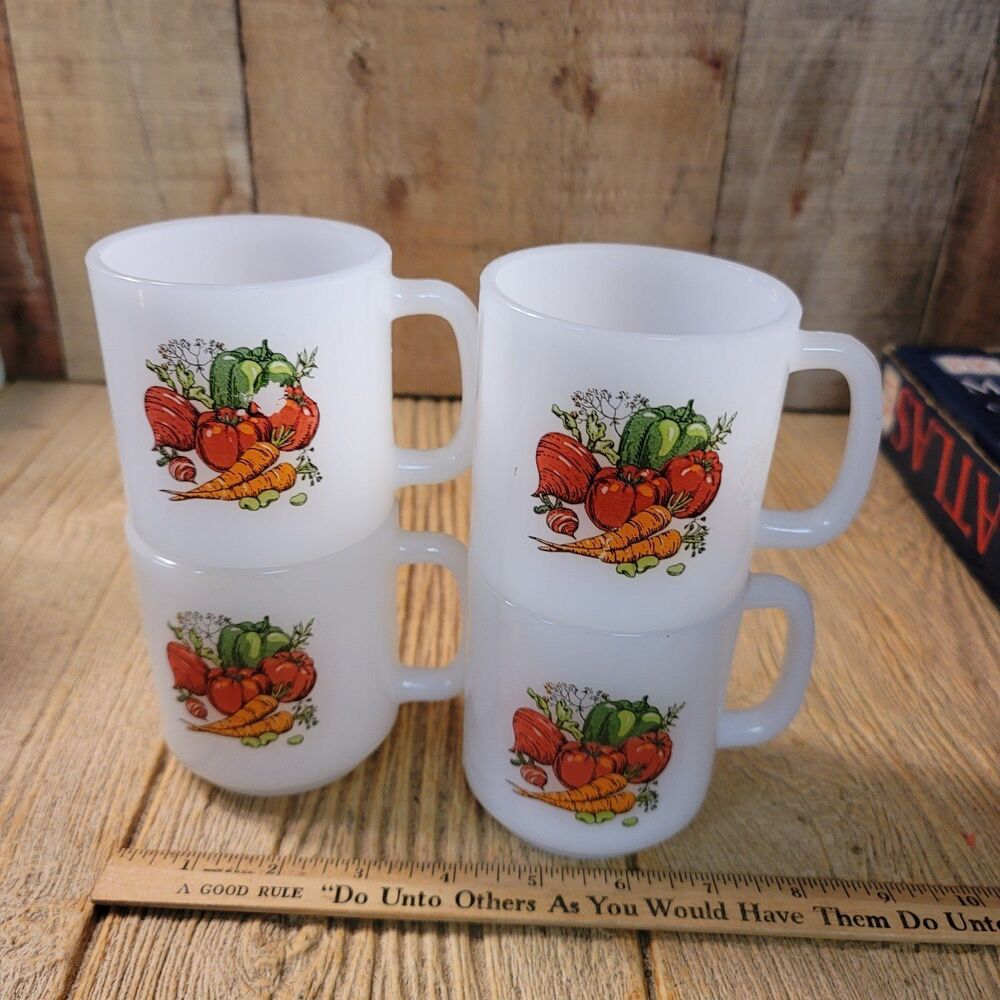 Vintage Glasbake Vegetable Garden Harvest White Milk 3.5" Glass Coffee Tea Mugs